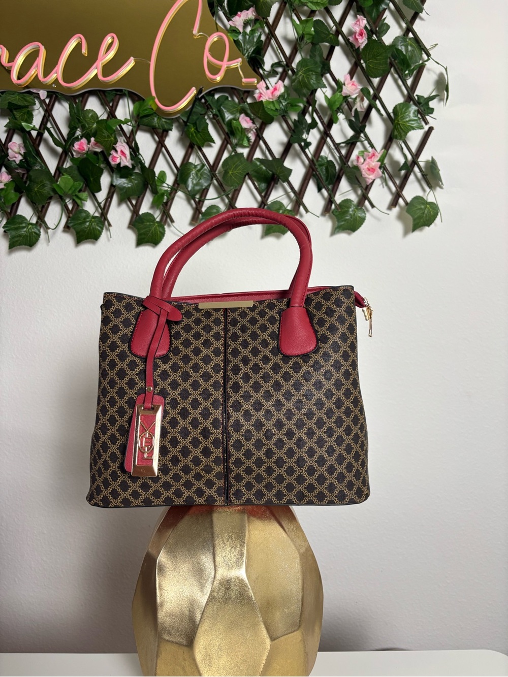 Designer-Style Brown Patterned Tote with Red Trim